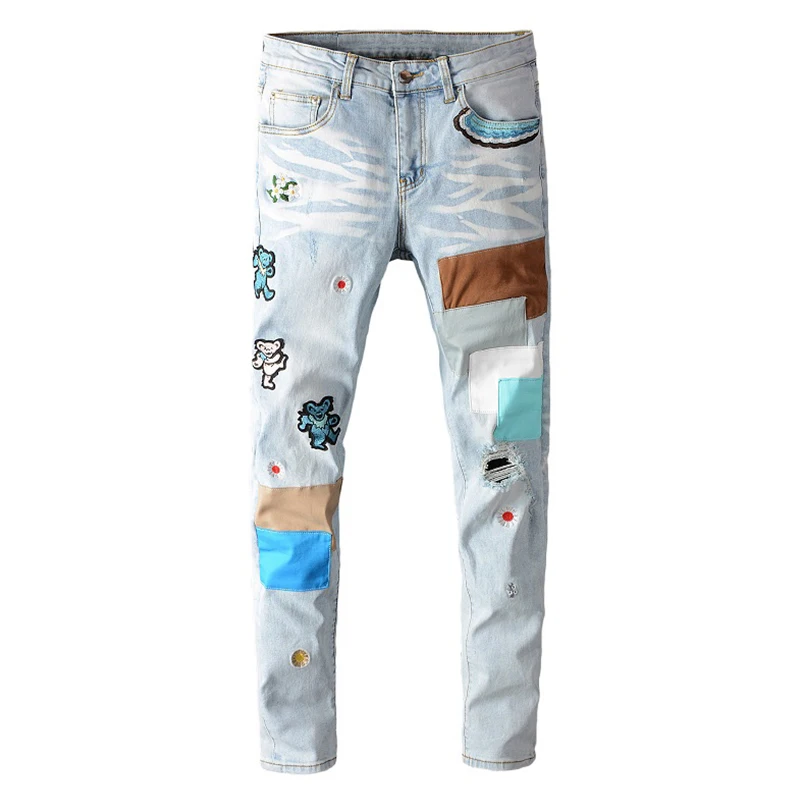 Skinny Jeans Patchwork Denim Light Embroidery Stretch Holes Ripped Mens Bear Blue
