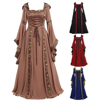 

Halloween Cosplay Costumes retro hooded dress square collar with trumpet sleeves Victorian Masquerade Costume Fancy Maxi Dress