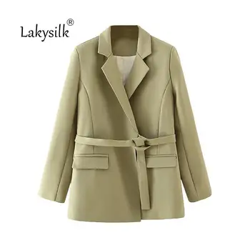 

Office Ladies Notched Collar Solid Women Blazer with Belt Autumn Winter Jacket 2020 Casual Pockets Female Suits Coat Green