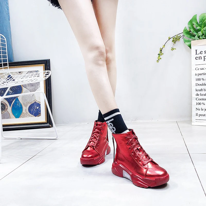 

Black Silver Red Patent Leather Glitter High Top Sneakers Women Winter Casual Shoes Trend Waterproof Platform Sneakers Women