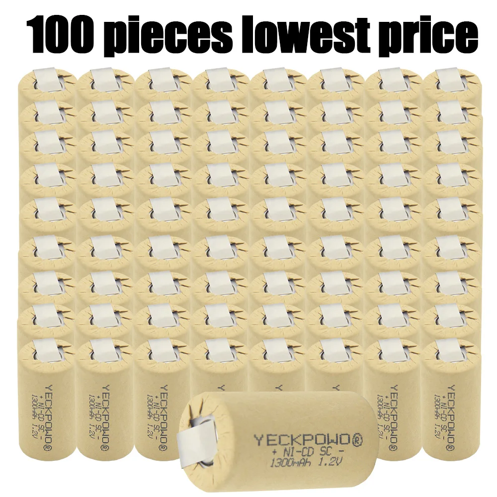 100 pieces akkus NICD sub C battery 1300mAh flat top 1.2V SC batteries rechargeable for electric drills power tools |