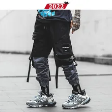 Pachwork Cargo Брюки уличная хип-хоп с лентами штаны для бега мужские японский стиль черные повседневные спортивные штаны модные