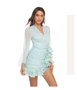 

2020Australian niche V-neck pleated long-sleeved dress irregular level lotus leaf bud skirt sunscreen mesh skirt female