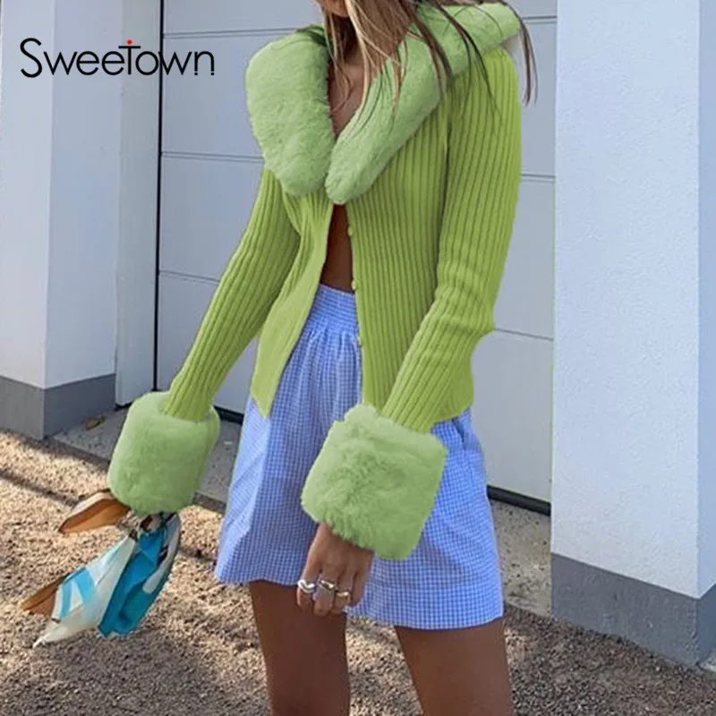 Женский вязаный кардиган Sweetown с меховым воротником и длинным рукавом Осень-зима