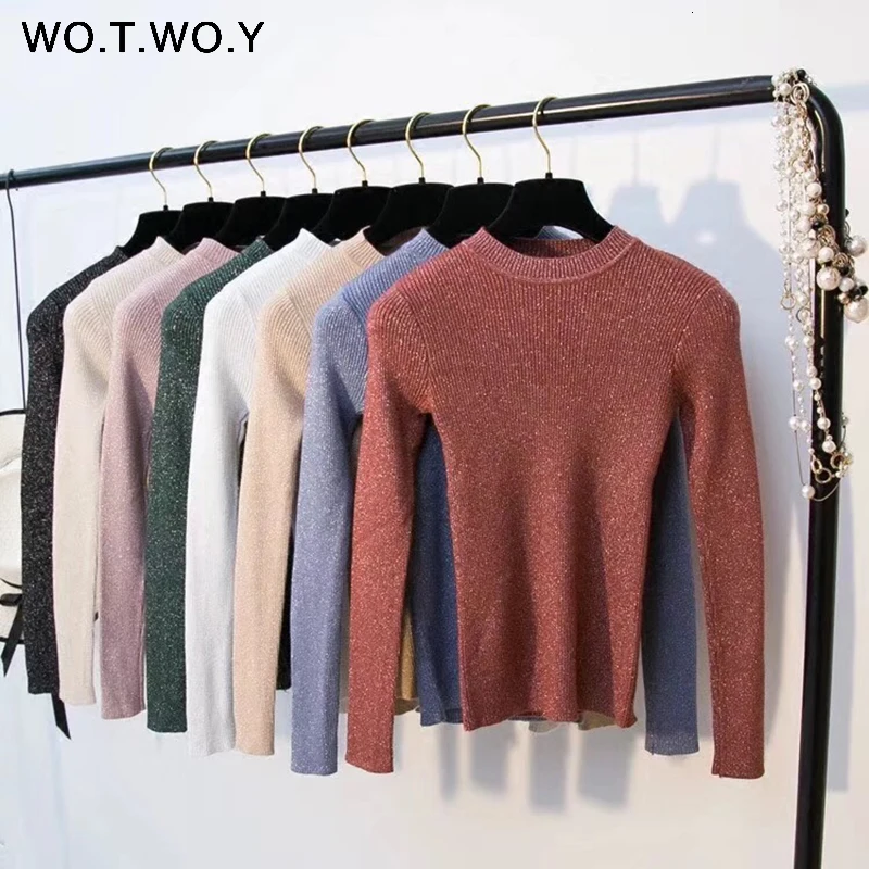 WOTWOY Блестящий свитер с люрексом на осень и зиму, Женский пуловер с длинным рукавом, Женские базовые свитера, женские вязаные топы в Корейском стиле