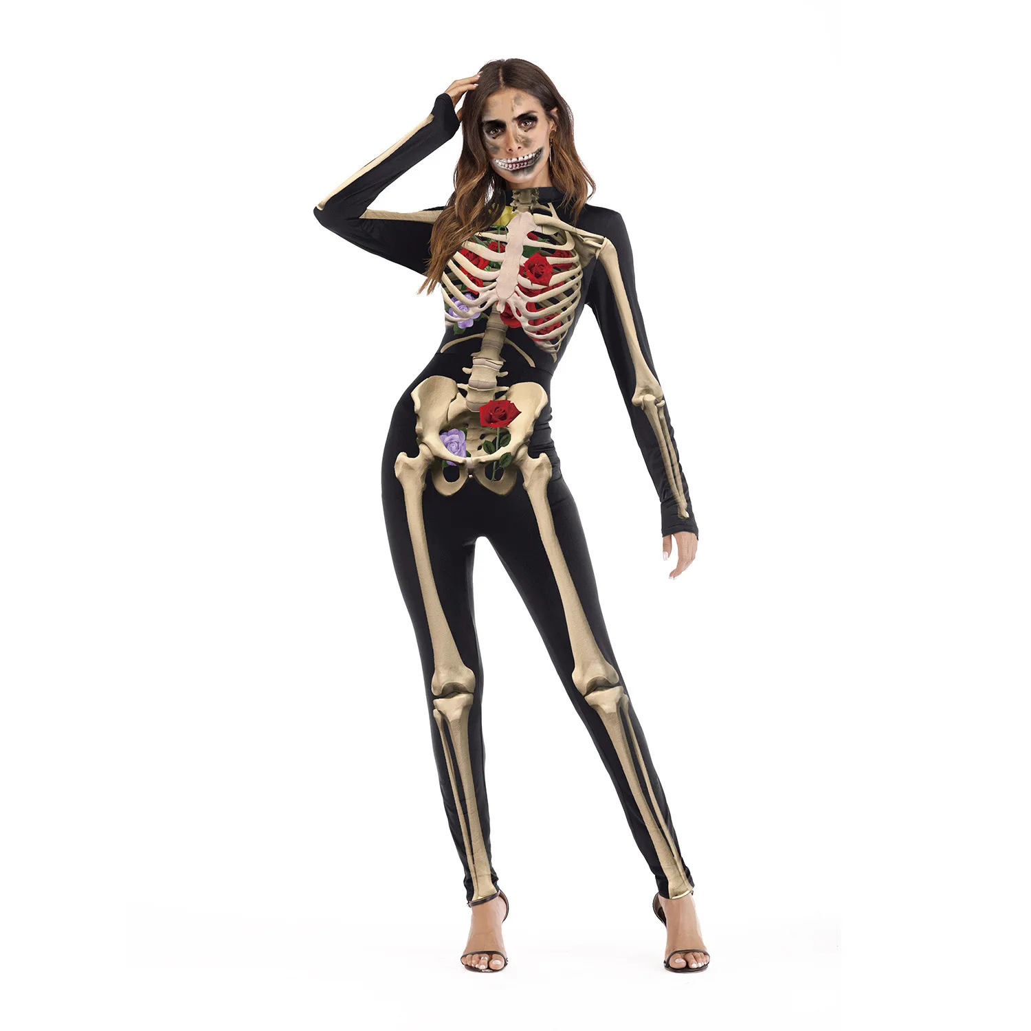 Новые костюмы скелетов страшный костюм для Хэллоуина для женщин Косплей Боди эластичные Комбинезоны Черный Костюм зомби ведьмы