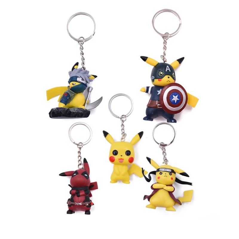 

5 Styles Pikachu Animation Cartoon Deadpool Naruto Hatake Captain America Pikachu Key Holder Go Key Ring Pendant Mini PVC Trinke