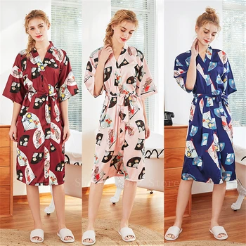 

Japanese Women Wedding Fan Printed Satin Silk Traditional Kimono Dress Asian Retro Cardigan Belt Set Spa Yukata Homewear Pajamas
