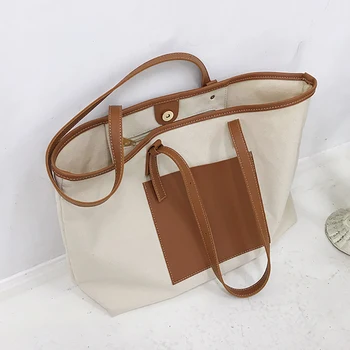 

Korean Tote Shoulder Bags for Women High Quality Canvas with PU Leather Large Capacity Casual Handbags Female Travel Shopper Bag