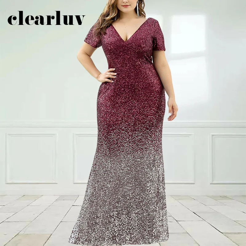 

Double V-Neck Robe De Soiree DR1518 Short Sleeve Women Party Dresses Gradient Mermaid Evening Dresses Burgundy Sequined Gowns