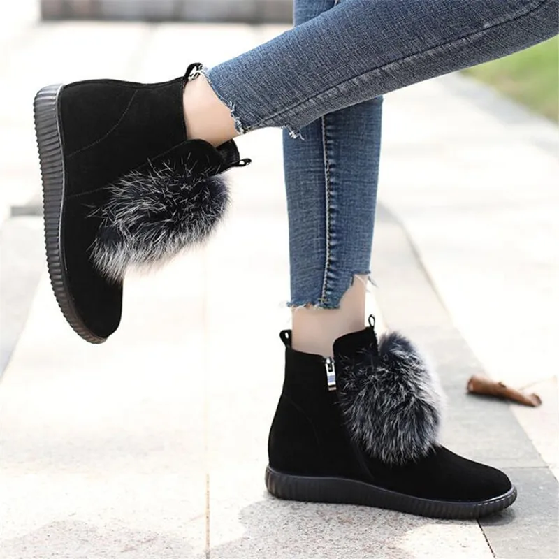 Новые модные ботинки из матовой кожи с натуральным лисьим мехом зимняя теплая обувь нескользящие теплые зимние ботинки на плоской подошве женские ботинки