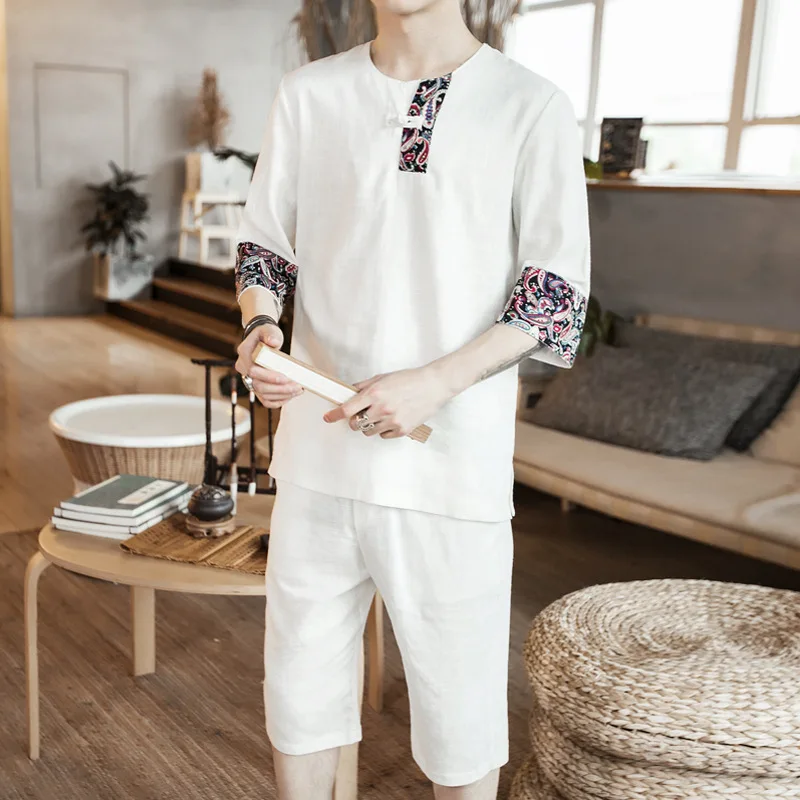 

Flax Chinese-style Mixed Colors Floral Retro Youth Fashion T-shirt Capri Pants Men's Large Size Set