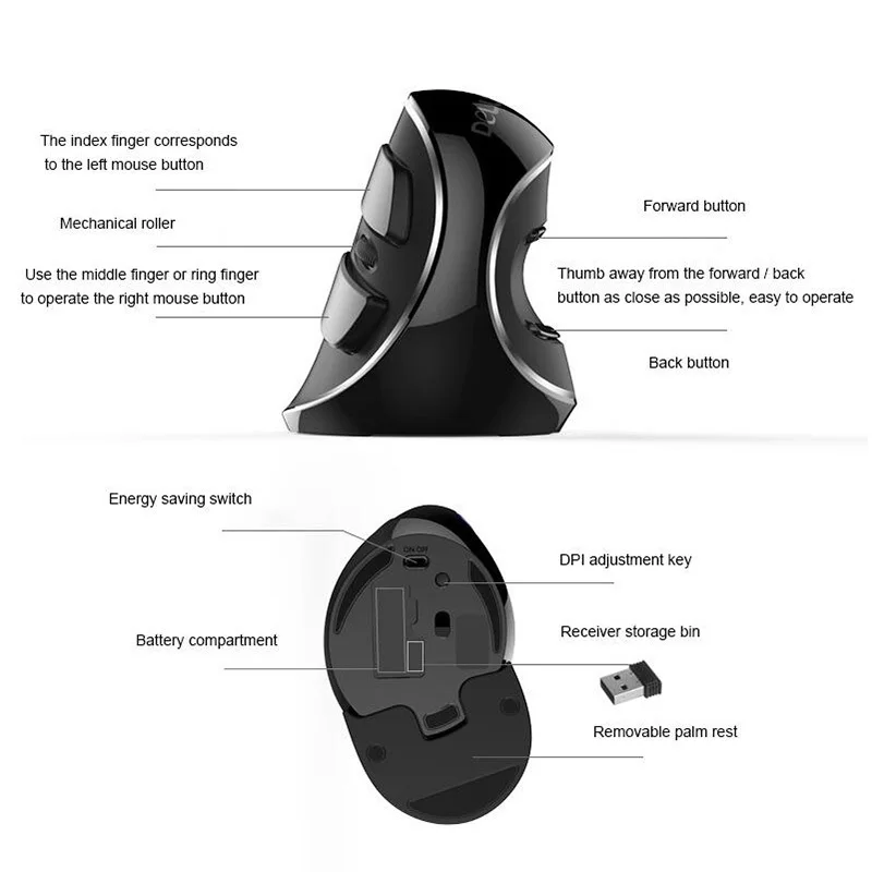 Delux M618 плюс вертикальный Беспроводной Мышь USB оптическая 6 кнопок 800/1200/1600 Точек на дюйм эргономичная мышь компьютерная игровая мышь для ноутбука