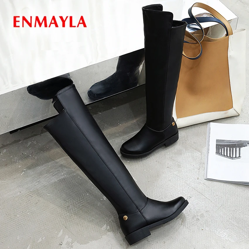

ENMAYLA Zip Round Toe Square Heel Rainboots Winter PU Women Shoes Over-the-Knee Thigh High Boots Solid Plush Rivet Black Boots