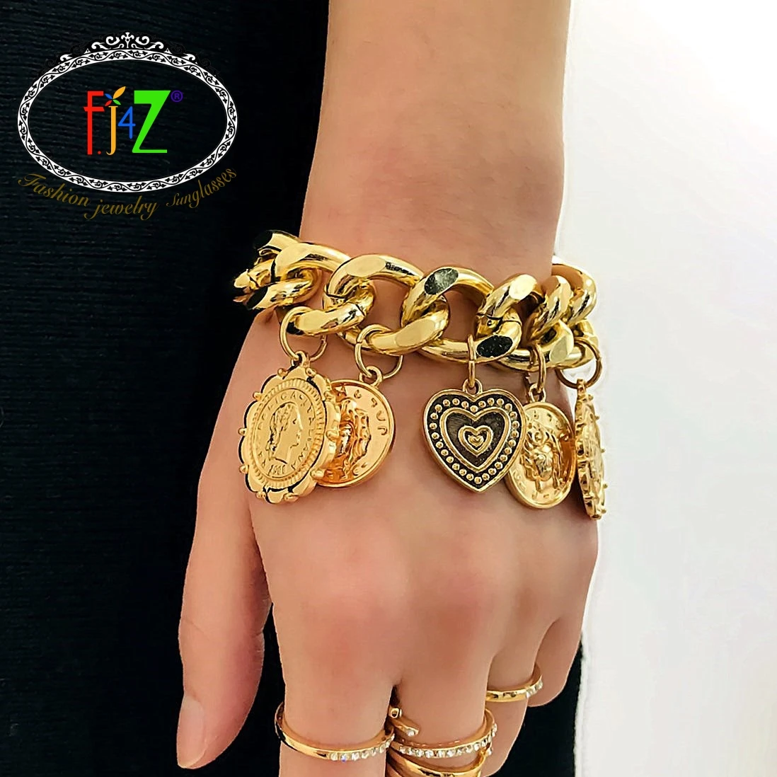 

F.J4Z new arrival fashion punk hiphop rock night club sexy vintage link chains medallion coin heart charms bracelet for women