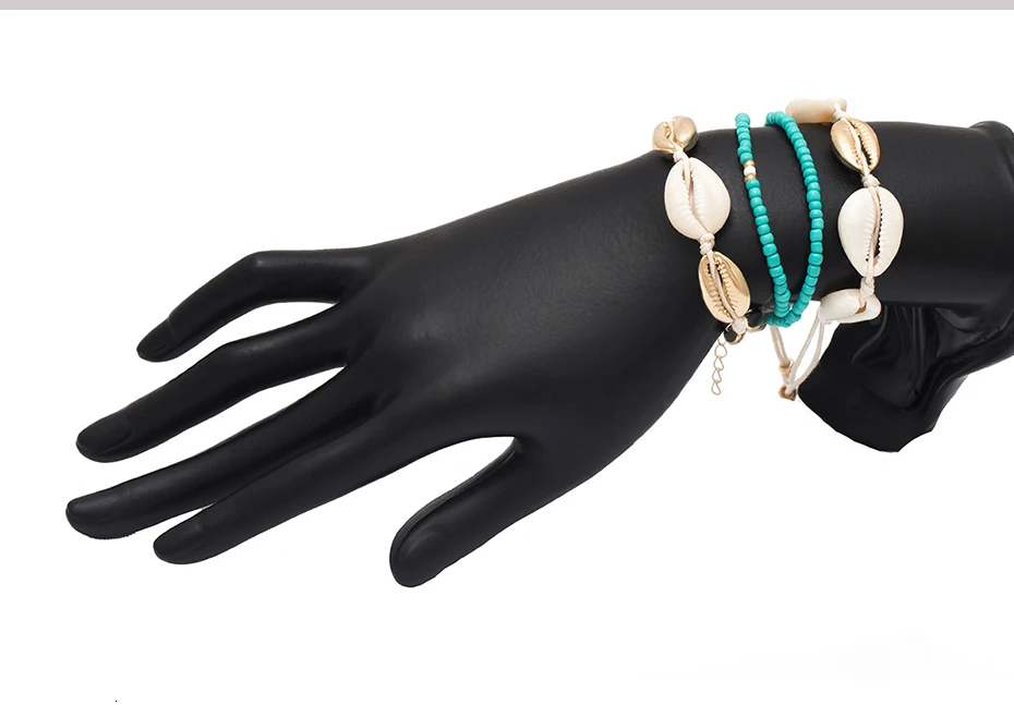 SHIXIN Charms Sea Shell Bracelets Set Bohemian Green Beads Bracelet for Women Summer Seashell Hand Chain Jewelry Female Gifts