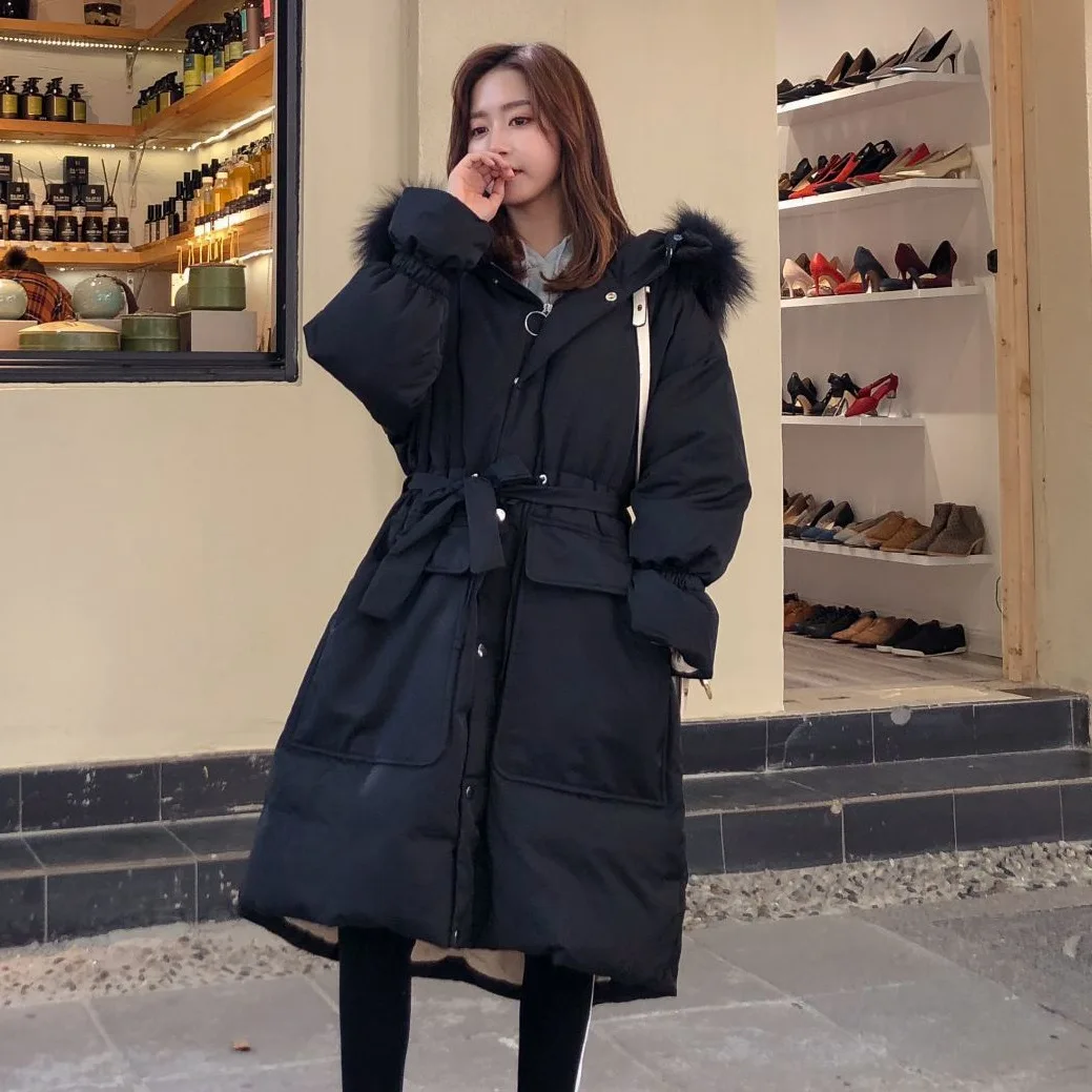 

Photo Shoot CHIC Ladies' Waist Hugging Lace-up Off-white Bell Sleeve Large Fur Collar Hooded down Coat Thick Cotton Overcoat