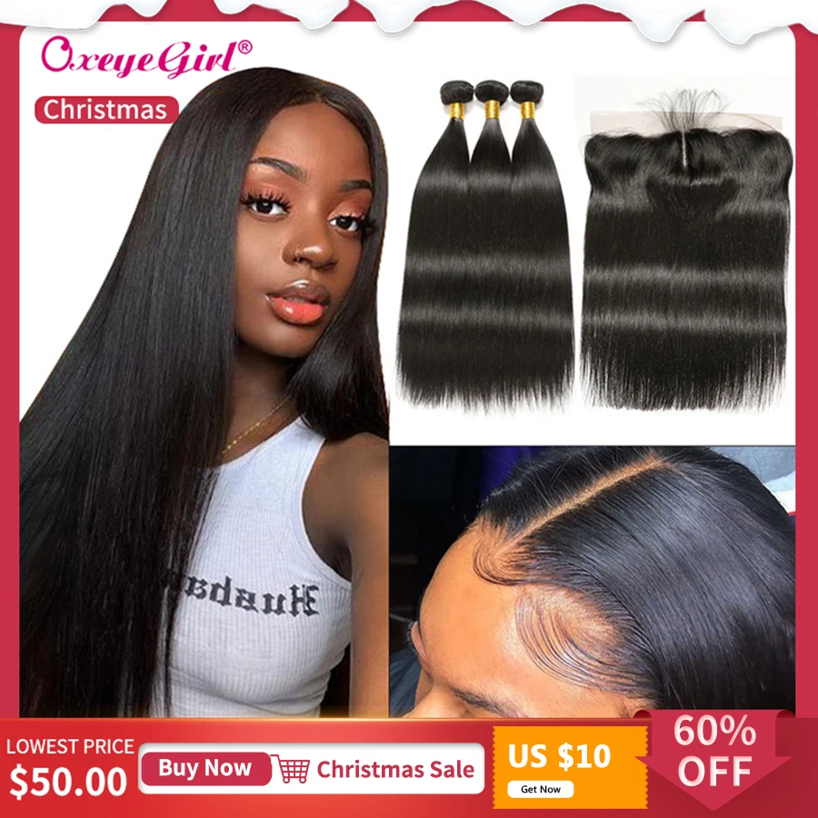 Online Pelo recto con Frontal mechones de cabello peruano Frontal de encaje con mechones 3 cabello humano mechones con cierre Oxeye chica no Remy