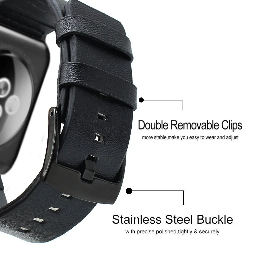 Браслет из натуральной кожи для Apple Watch 6 5 4 SE черный ремешок iWatch 42 мм 38 аксессуары