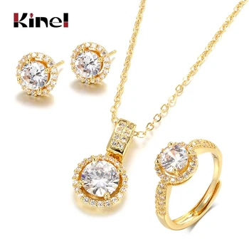 Kinel 18K Gold Zircon Jewelry Sets Engagement Ring Necklace Earring for Bridal Wedding Jewelry Valentine’s Day Gift for Women
