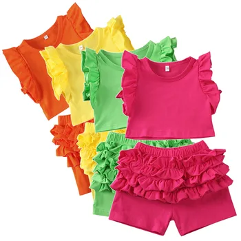 

2020 Children Summer Clothing Girls Fluorescent Color Ruffled Sleeve T-shirt Layered Lace Shorts Trousers Tracksuits Outfits