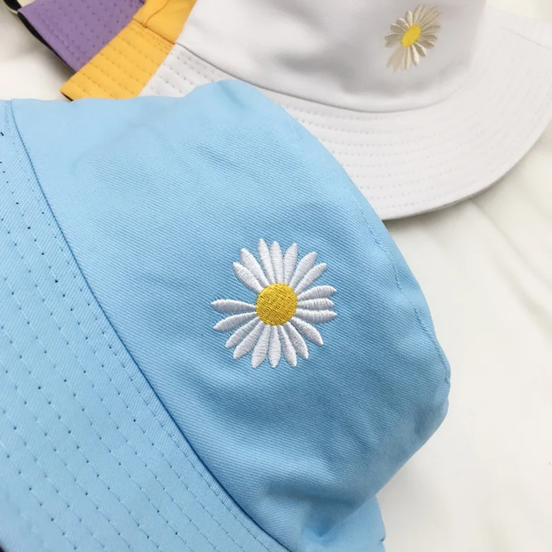 Summer Sun Hat Reversible Bucket Caps Women Fishing Outdoor Hip Hop Sunscreen Daisy Embroidery Fisherman Beach Panama Hat female bucket hat