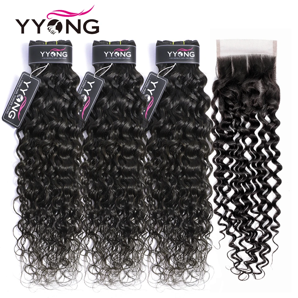 YYong волос бразильский пучки волос плетение с закрытием волна воды 3 Связки с закрытием 100% человеческих волос Связки с кружевом застежка