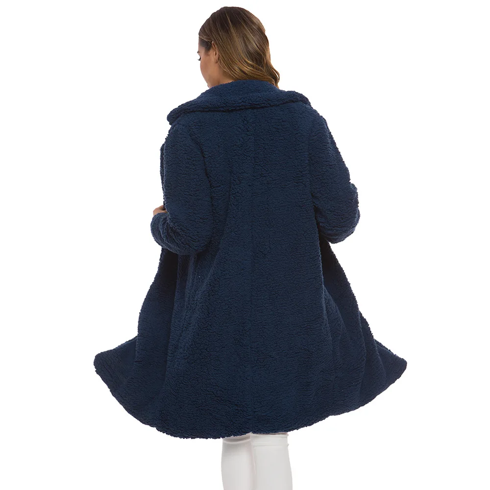 Осенне-зимнее плюшевое пальто из искусственного меха для женщин, Повседневная Длинная Куртка размера плюс, Женский плотный теплый флисовый кардиган, свободная однотонная верхняя одежда