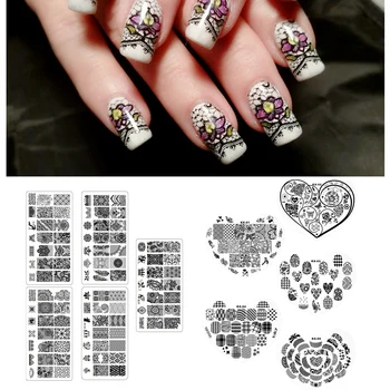 

5PCS Heart-shape Nail Art Stamping Plates + 5PCS Rectangular Plates for Home Salon Beginners Manicure DIY Decoration Supplies