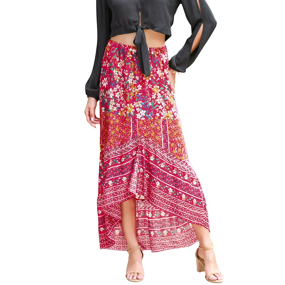 

2019 Bohemian High Waist Floral Print Summer Skirts Fashion Womens Boho Asymmetrical Beach Skirts Oc29