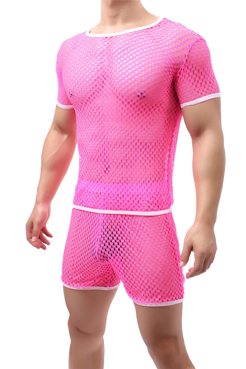 Sexy Mens Undershirts Mesh Short Sleeve See Through T Shirts Loose Short Pajama Pants Sport Fitness Men Clothes Set Underwear