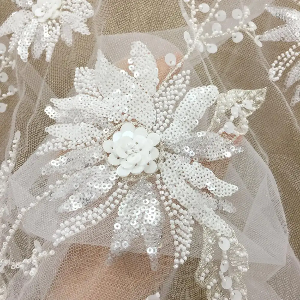 Роскошная 3D вышитая бисером Высокая Ткань от-кутюр кружева двора, свадебное платье Тюль блесток ткань в off white