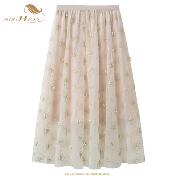 

SISHION Gold Embroidery and Beading Women Ladies Long Skirt WF0156 Autumn White Apricot Tulle Skirt Plus Size