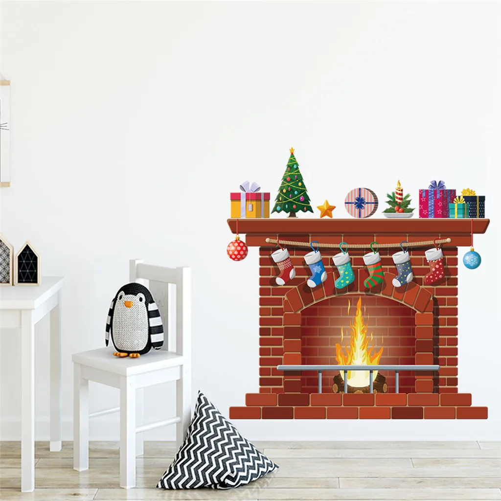 

Christmas fireplace creative wall stickers Christmas living room bedroom window glass decorative wall stickers 9.30