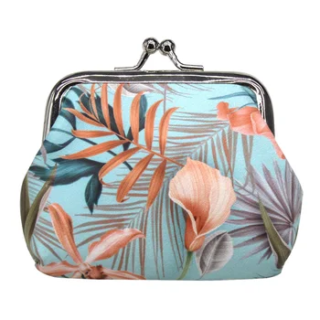 

Women Girls Mini With Clasp Coin Purse Storage Portable Key Holder Wallet Daily Leaf Printed Gift Change Pouch PU Leather
