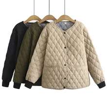 

Retro Trend Rhombic Warm Winter Women's Short Coat Grandma Cotton-padded Jacket Casual Single-breasted O-Neck Long Sleeve Coat