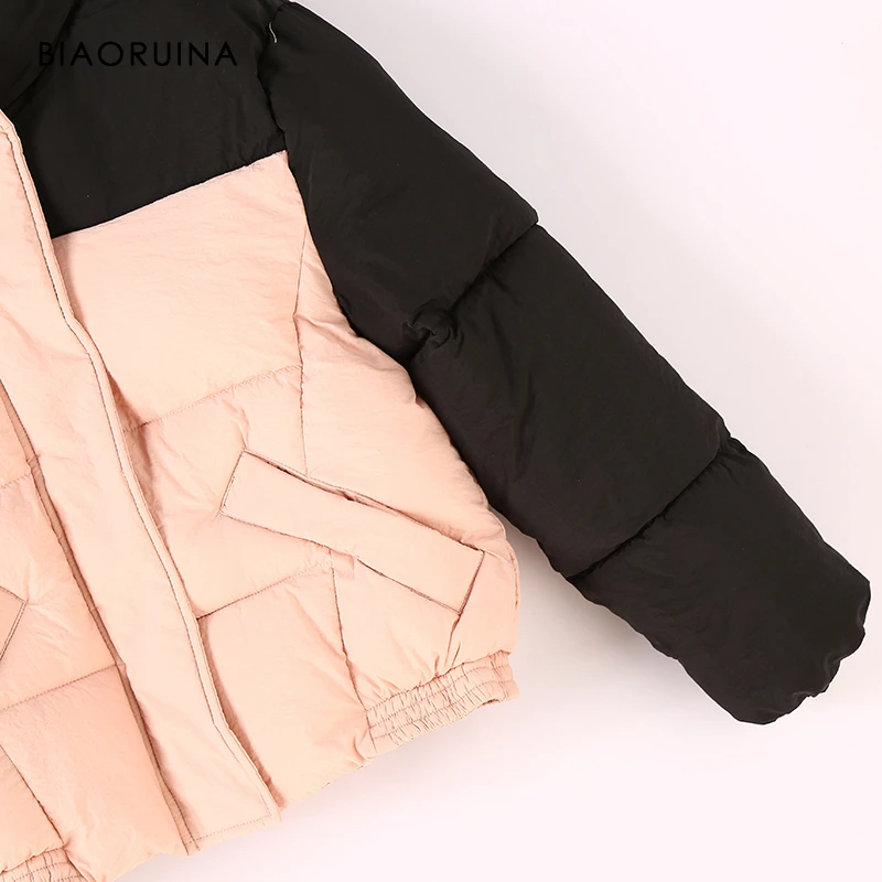 BIAORUINA Women's Pink&Black Thick Keep Warm Short Parkas Stand Collar Female Casual Winter Jacket Fashion Outerwear