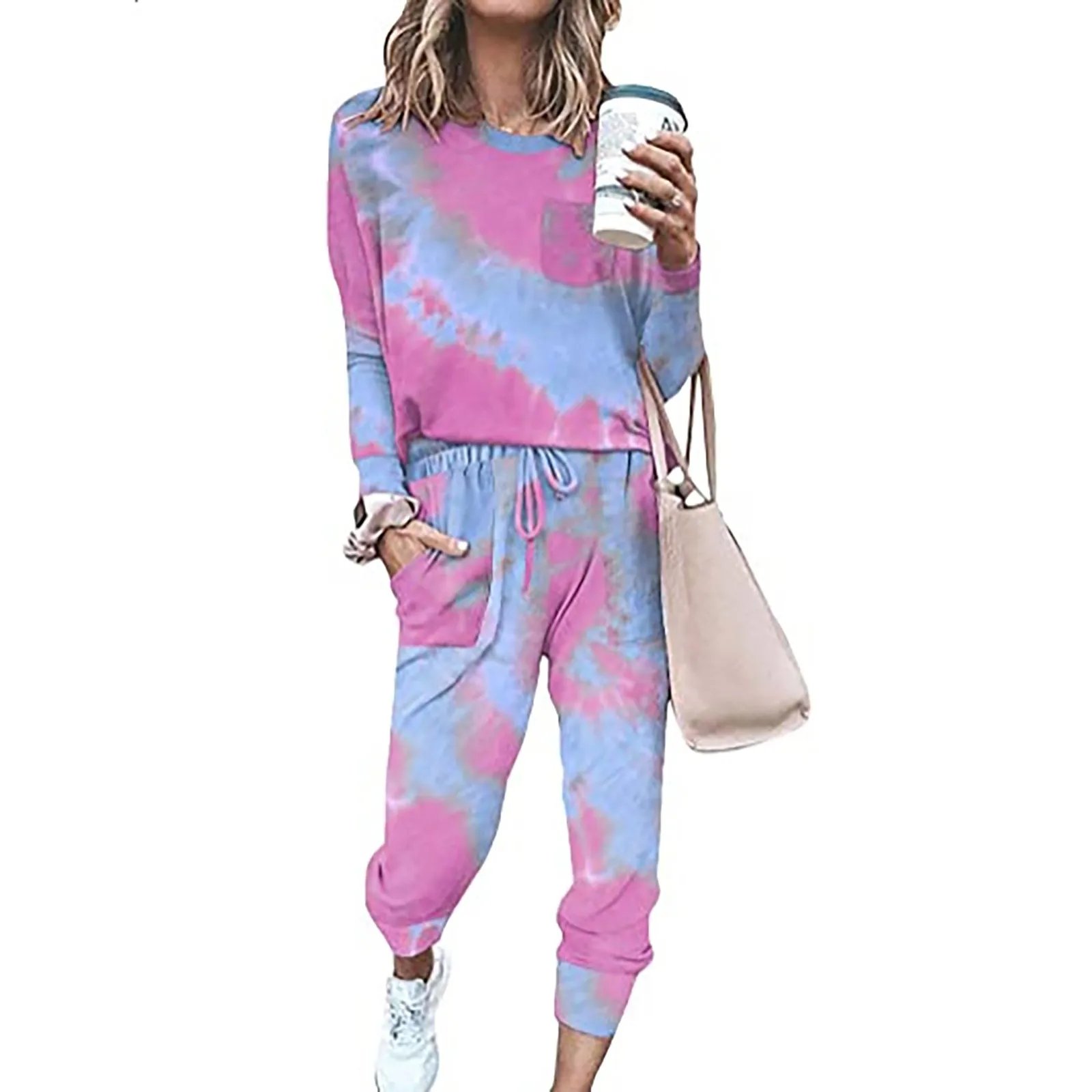 2 Set Piece Women Fashion Tie Dyeing Printed Long Sleeve Bandage Loose Long Pants Females O-Neck Pullover Sports Suit de mujer 1
