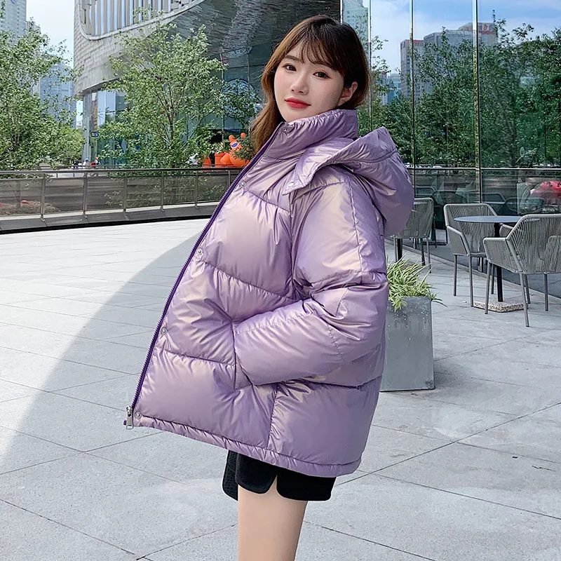 Женская Стеганая куртка с капюшоном фиолетовая Повседневная Толстая свободная