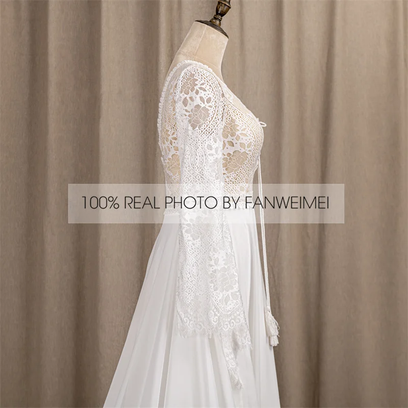 803#2021 New Design Long Lantern Sleeve Empire V-Neck Backless Small Train Beauty Backless Lace Boho Beach Wedding Dresses Women modest wedding dresses