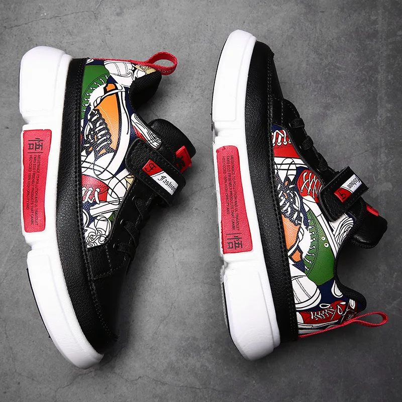 

Black And White CHILDREN'S Shoes New Style Leather Trendy Shoes Graffiti Enlightenment Children Sports Shoes Students Sporty Run