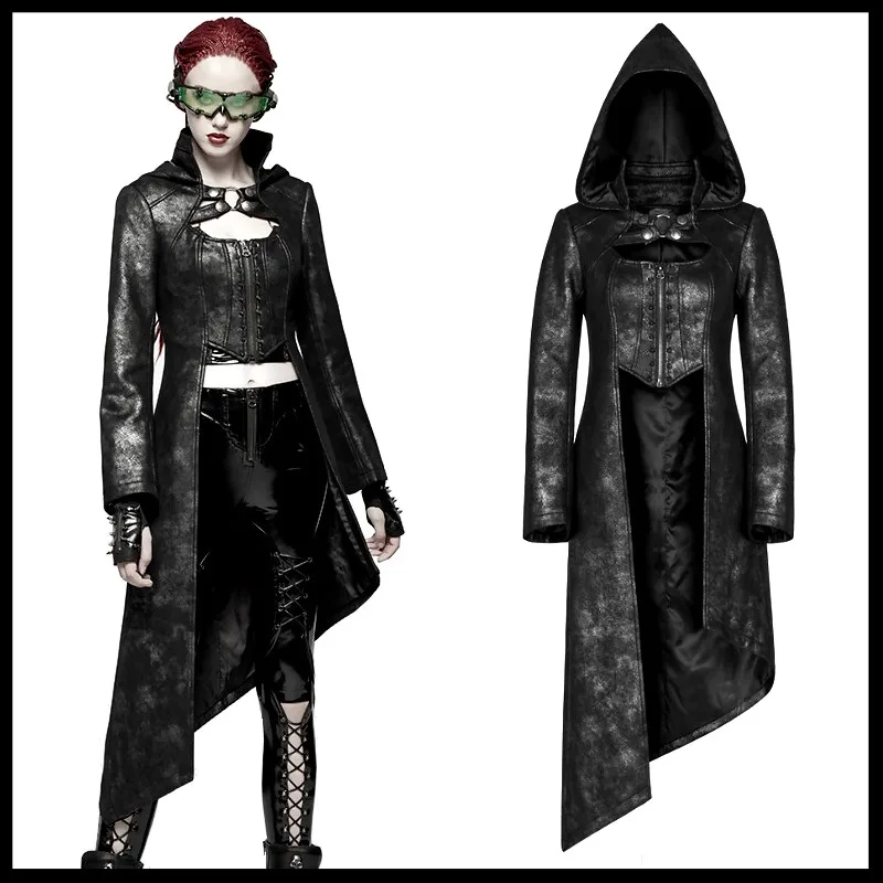 PUNKRAVE, женское Асимметричное пальто в стиле стимпанк, готическое, с заклепками, украшение, Черное длинное пальто, индивидуальное Женское пальто с капюшоном, Тренч