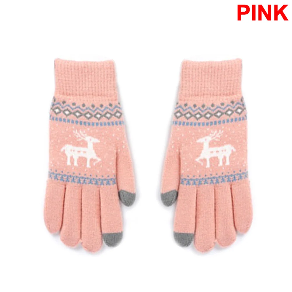 Женские вязаные перчатки с милым оленем и сенсорным экраном, теплые варежки из полиэстера на полный палец, ветрозащитные перчатки для езды на велосипеде и бега, Рождественский подарок - Color: pink Gloves