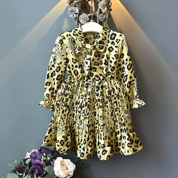 

Bear Leader Girls Dresses 2020 New Summer Children's Wear Kids Fashion Leopard Dress Chiffon Long-Sleeved Leading Pleated Suits