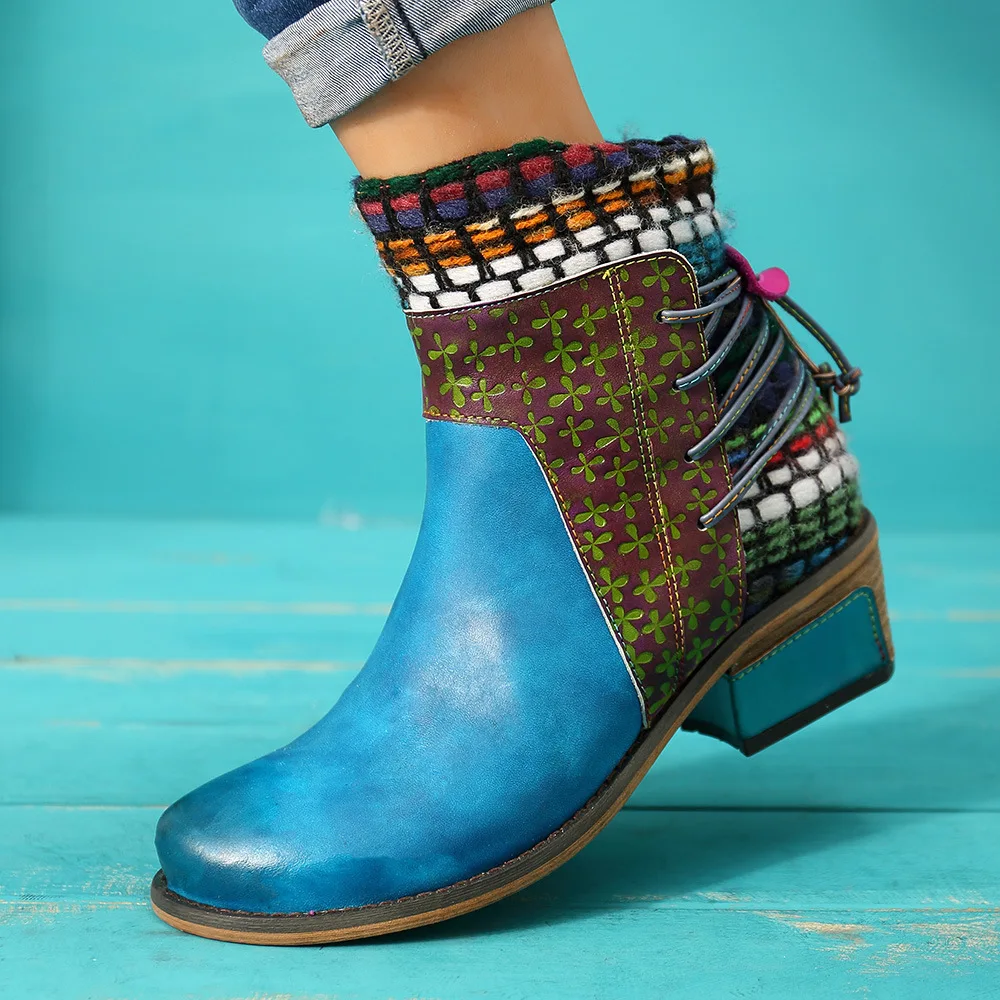Женские ботильоны; обувь в богемном стиле на среднем каблуке с круглым носком; женская обувь; chaussure zapatos mujer; ботинки-гладиаторы из искусственной кожи в этническом стиле; HP1886