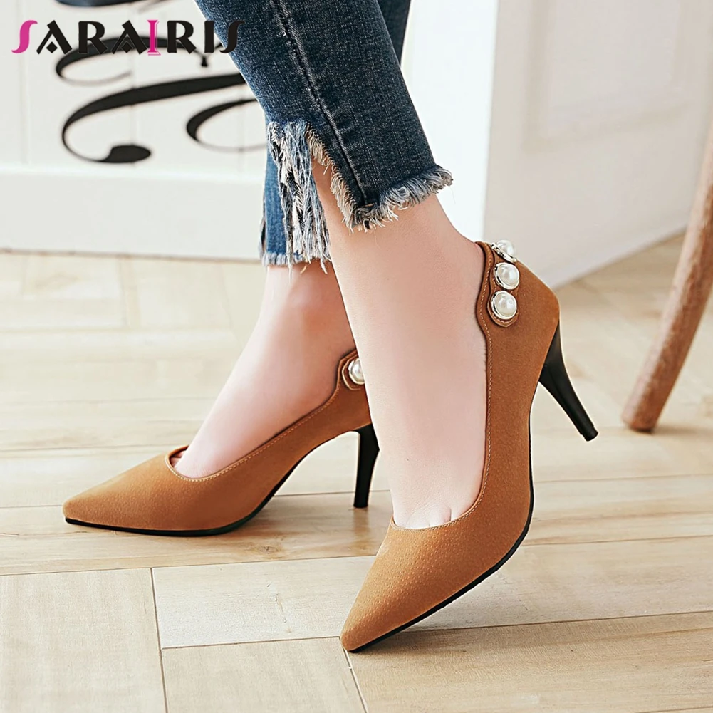 

SARAIRIS Lady Ol High Heels Date Pumps Spring Elegant Shallow Flock Pumps Women Fashion Pointed Toe Pearl Office Shoes Woman