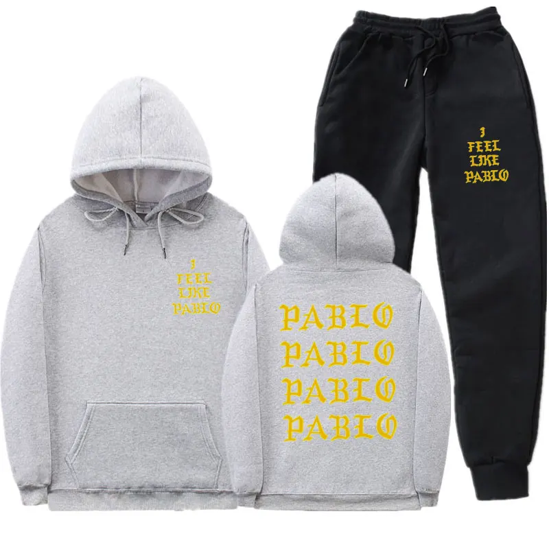 Уличная одежда I Feel Like Pablo, комплект с капюшоном, спортивный костюм для мужчин, комплекты тепловой спортивной одежды, толстовки и штаны, Повседневная Толстовка, спортивный костюм - Цвет: Gray MK108