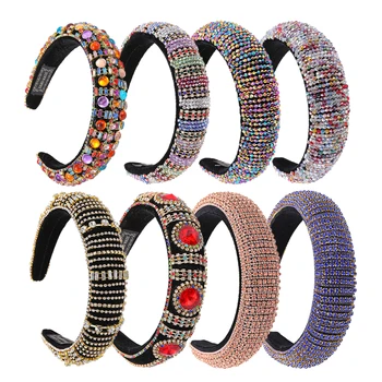 

Luxury Full Rhinestone Headband for Women Handmade Padded Hairband Crystal Baroque Tiara Wide Headwear Bling Hair Accessories