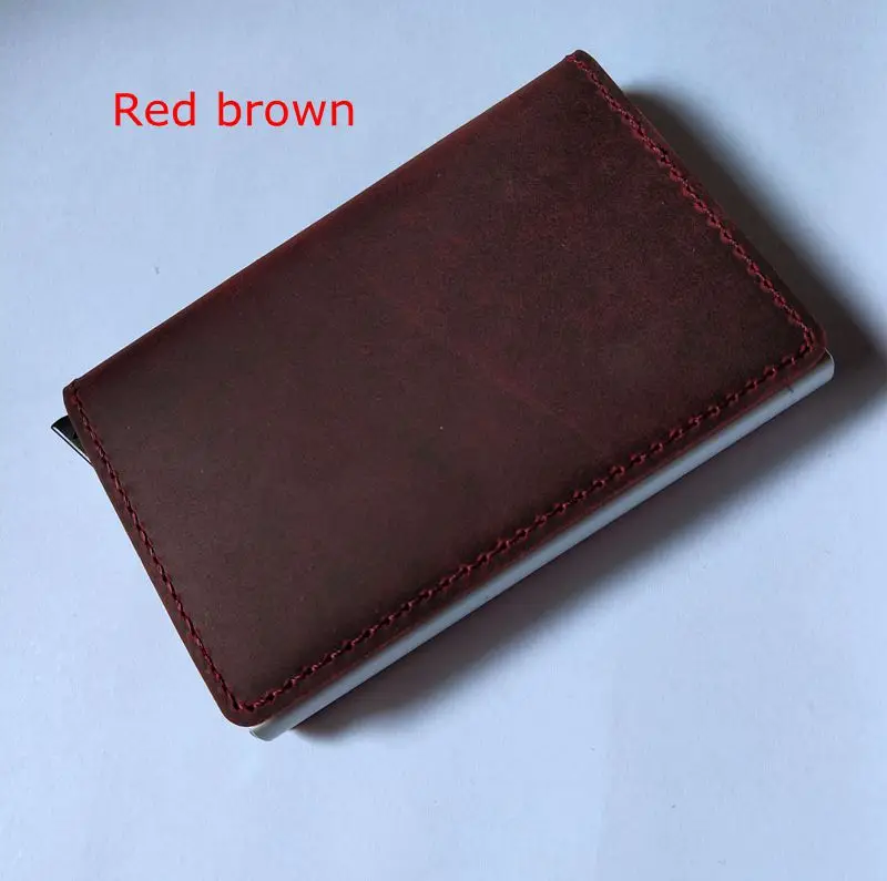 Автоматический Silde алюминиевый ID наличные держатель для карт из натуральной кожи для мужчин бизнес RFID Блокировка Кошелек Кредитная карта протектор чехол - Цвет: red brown