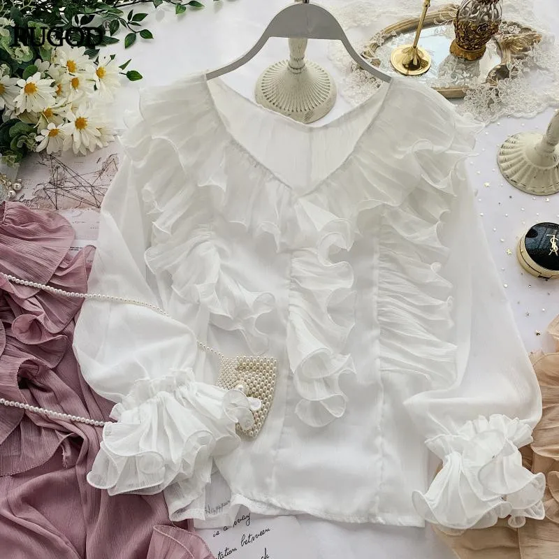 

RUGOD V-neck Blouse Sweater Super Fairy Pleasted Ruffles Puff Sleeve Tops Chiffon Loose Casual Lady Blusas